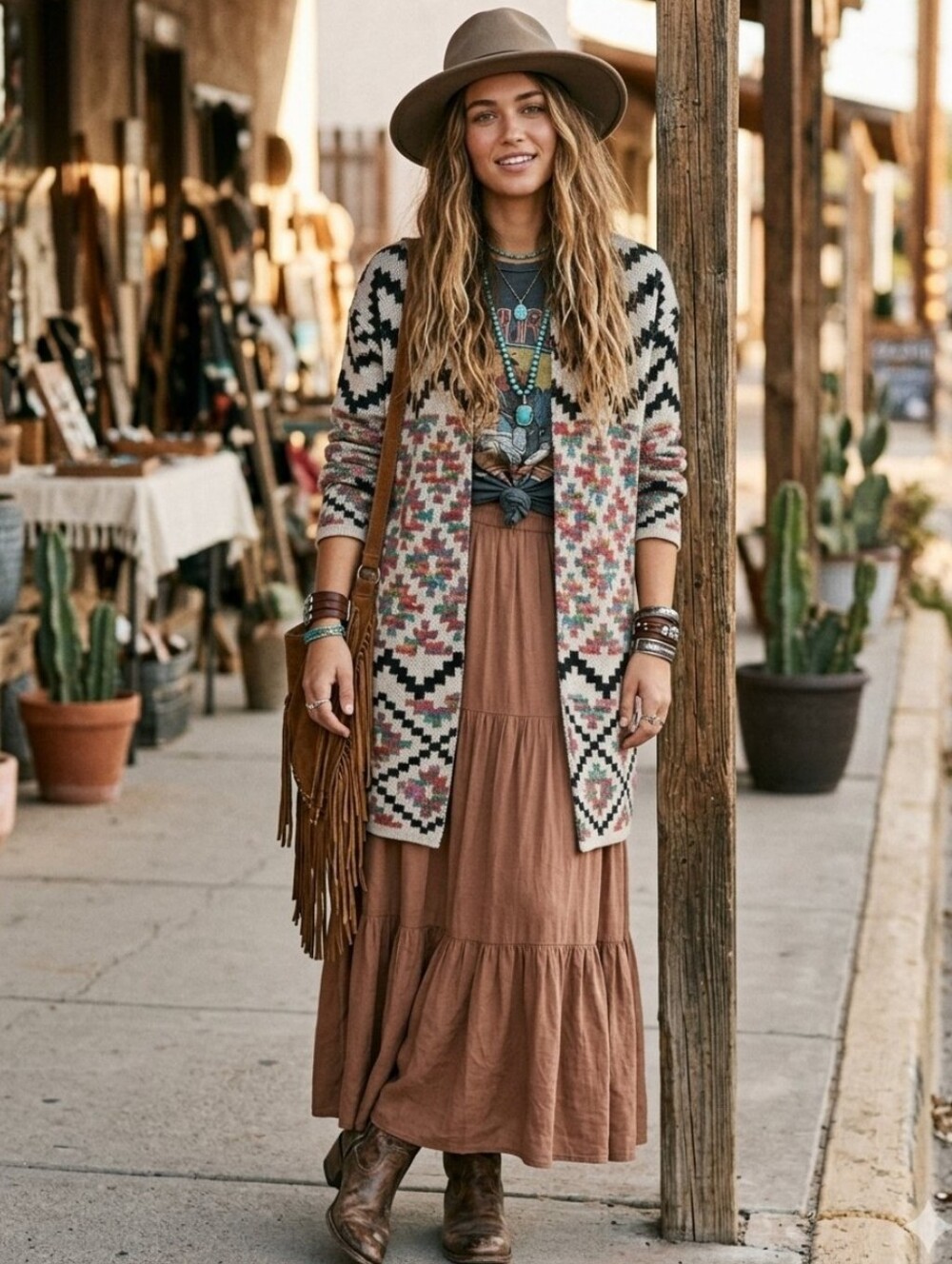 Cozy Campfire Southwestern Multi Color Gray Black Design Long Open Cardigan S-M